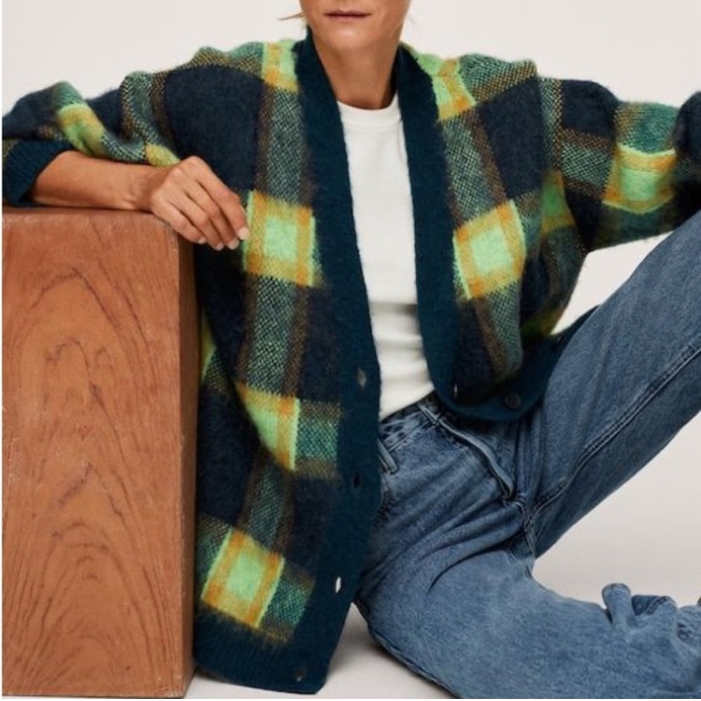 Mango‎ Oversized Green-Mustard Yellow Plaid Long Sweater